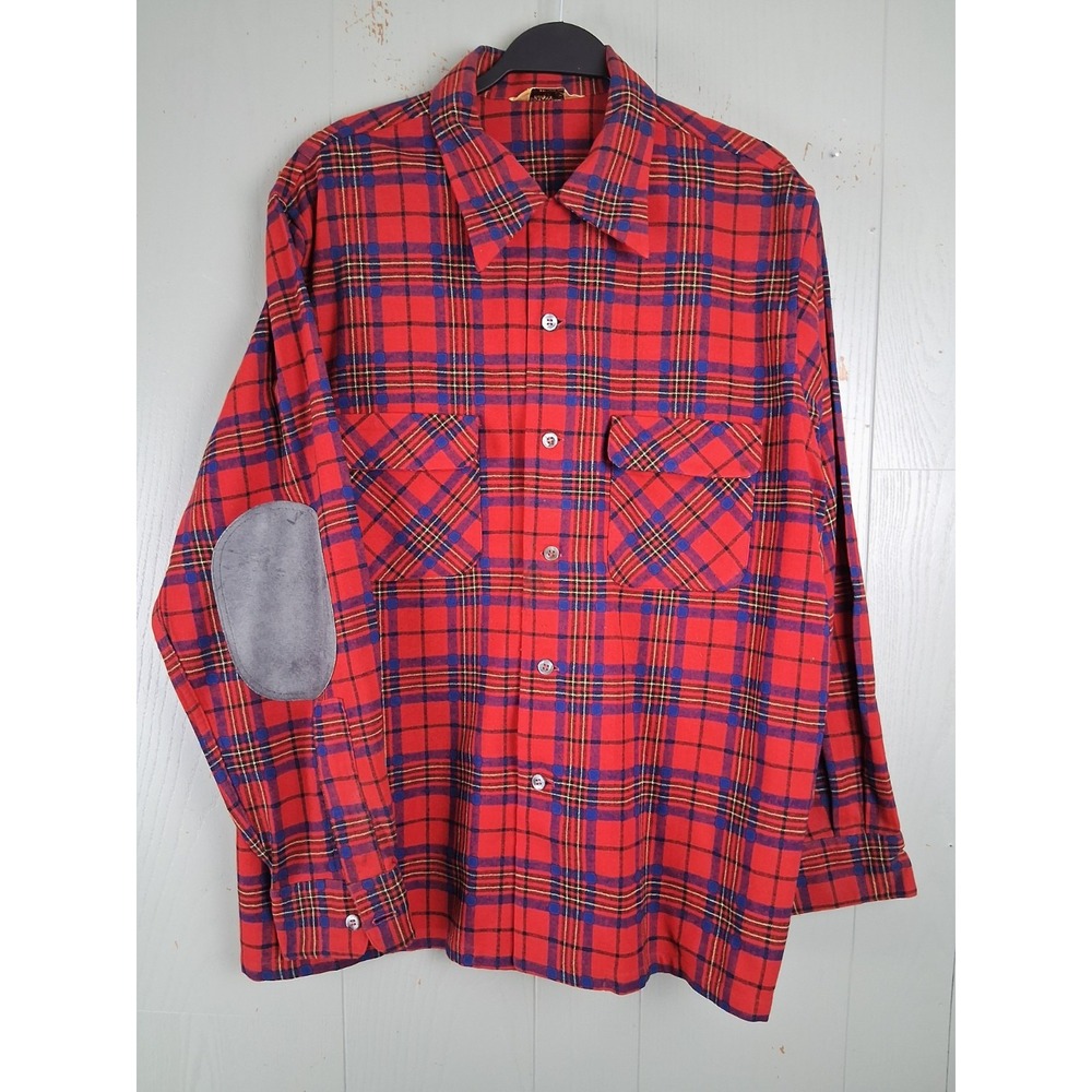 Vintage 50s Botany Rockabilly Wool Loop Collar Shirt Large Red Plaid Elbow Patch